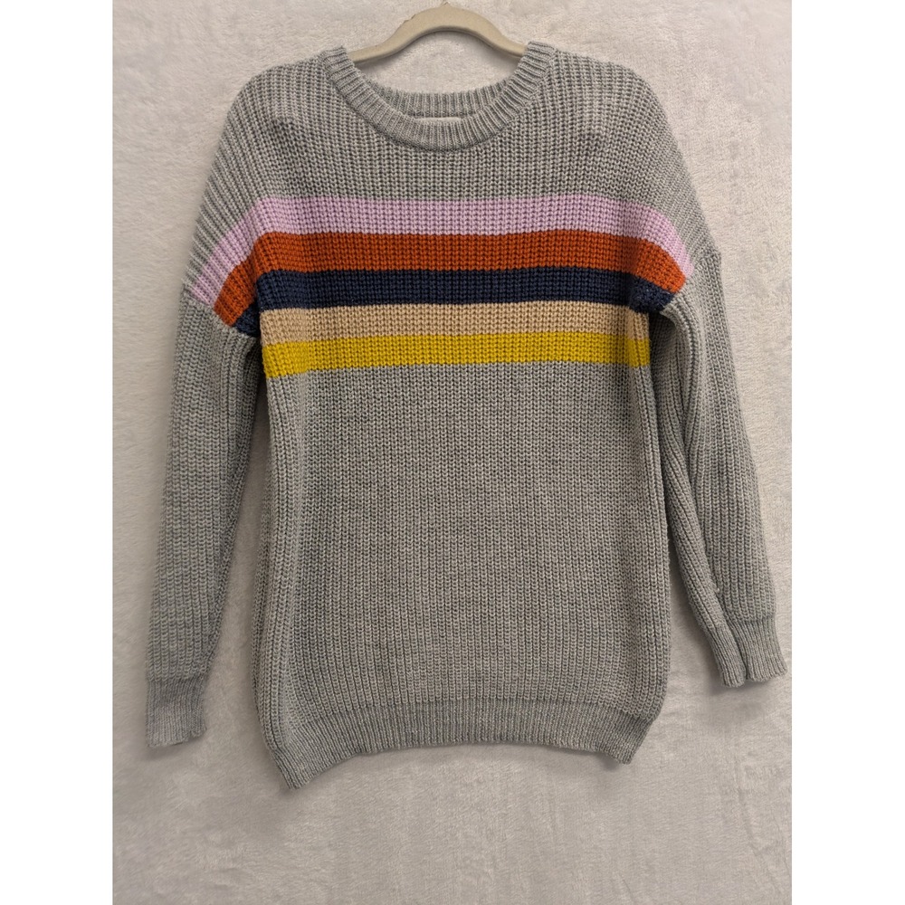 Macaron Grey Striped Crew Neck Long Sleeve‎ Knit Sweater Womens Medium